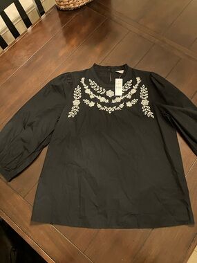 LOFT Black Blouse with White Floral Embroidery Yoke